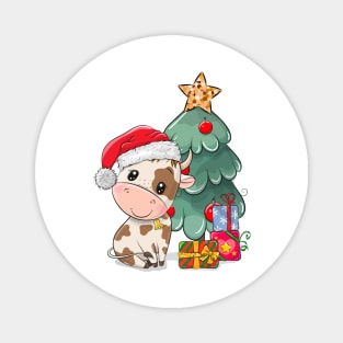 Cute cow near the Christmas tree. Symbol of the year 2021. Magnet